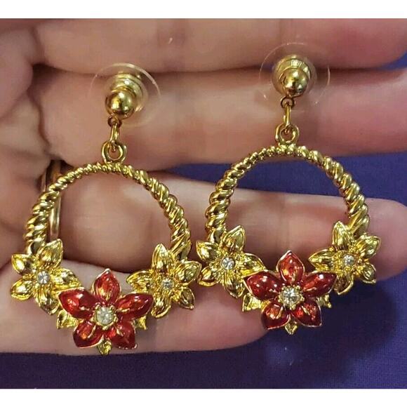 Vintage Avon Signed Poinsettia Dangle Hoop Pierced Earrings Gold Tone Red Enamel - Picture 4 of 8